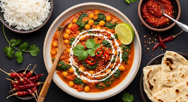 Spicy chickpea and spinach curry served with rice and naan bread