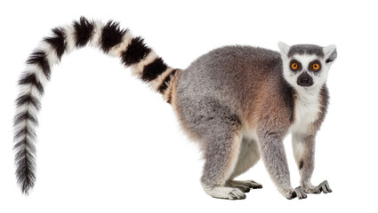 Fototapeta premium Ring-tailed lemur with striped tail, isolated on transparent background