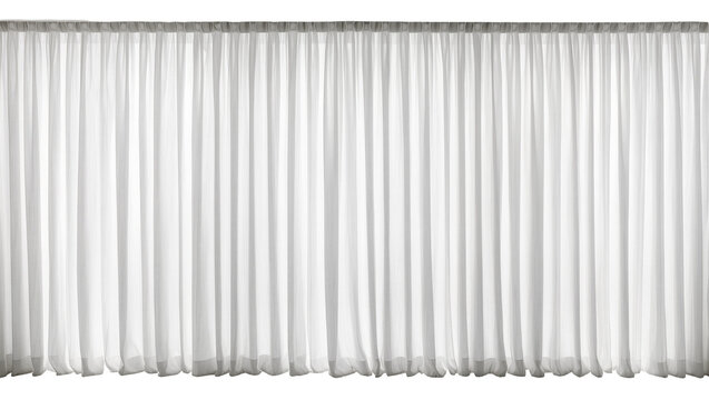 Sheer white fabric curtains with vertical pleats, isolated on transparent background