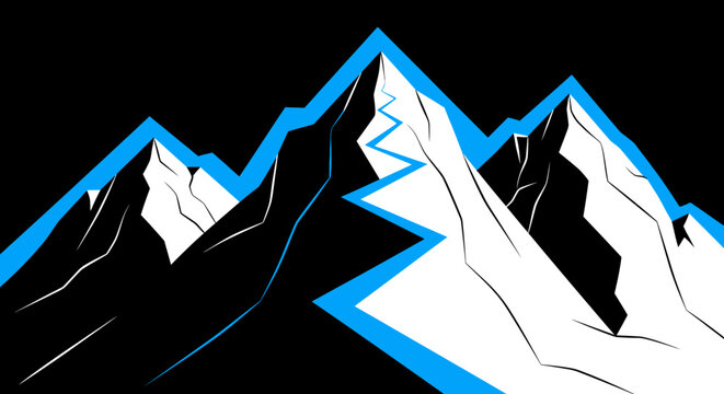 Minimalist vector illustration of mountain peaks with blue outlines on a black background.