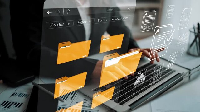 Business Professional Managing Digital Files on Modern Laptop with Folder Interface and Data Icons for Organizational Efficiency and Productivity Sigmoid