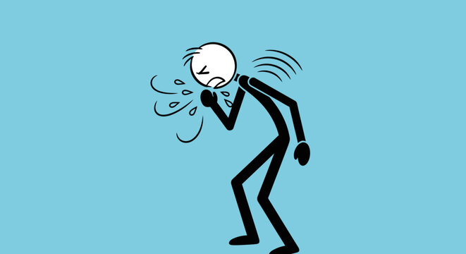 A stick figure character coughing and feeling sick on a blue background.