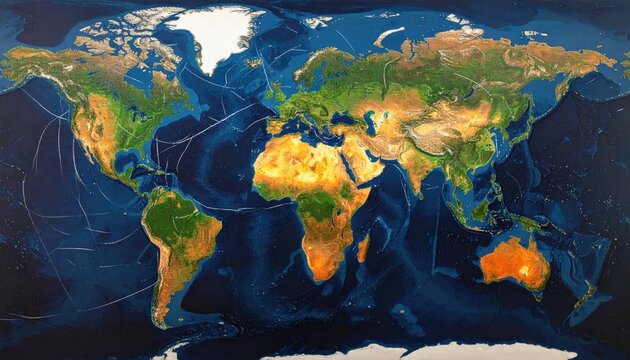 Global Map Showing Submarine Communication Cables Connecting Continents.