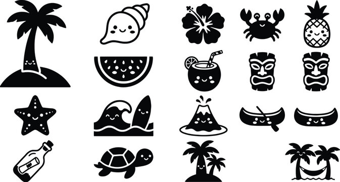 Cute summer tropical beach icons set. Kawaii cartoon vector characters with palm tree, sea turtle, crab, coconut cocktail, watermelon, tiki mask, and surfboard.