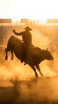 Silhouette of cowboy riding bucking bull in rodeo arena with golden dust