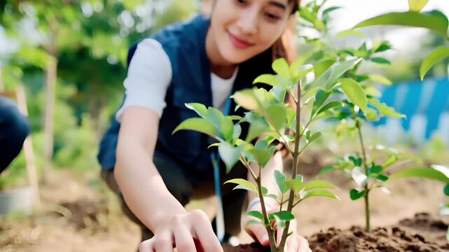 Female diversity. Human rights, equal opportunity concept. A candid shot of a young woman in a garden. She is in a crouched position, her hands gently touching a young plant with a focused expression.