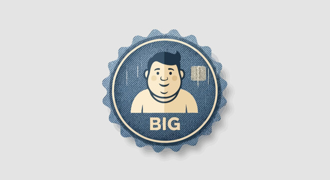 Man in denim textured circular badge with big text