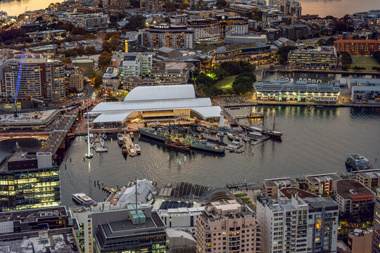 Sydney, Australia - 16 April 2026: panoramic view of Darling Harbour from the Sydney Tower Eye