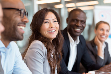 Obraz premium Businesswoman team lead, happy confident manager, office brainstorming, laptop workspace, diverse colleagues, collaboration success