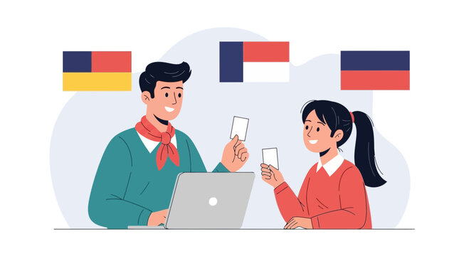 Diverse people learning languages online, showing flags and computer for global communication and education concepts