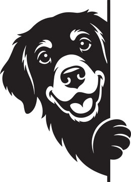 Friendly black dog peeking around the corner with a happy expression and paw