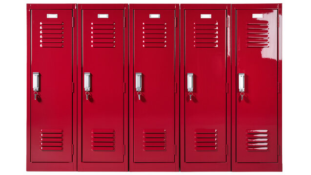 Five shiny red metal school lockers with keys, isolated on transparent background
