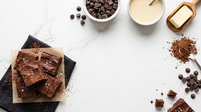 Top down view of delicious homemade chocolate brownies served on a dark napkin with cocoa powder and baking ingredients arranged on a bright white marble kitchen counter