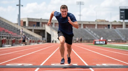 Obraz premium Determined Male Athlete Sprinting at Full Speed on Running Track in Outdoor Stadium on Sunny Day