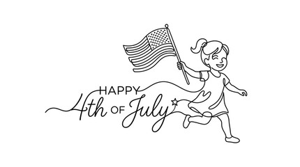 Obraz premium Celebratory Fourth of July Illustration Featuring a Joyful Girl Running with American Flag and Holiday Text
