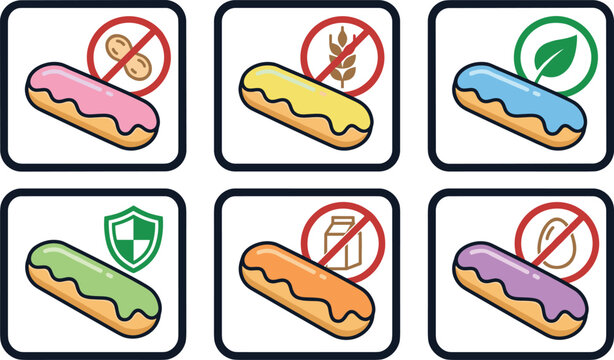 Food Allergen and Dietary Restriction Icon Set Featuring Eclair Pastries with Peanut Free Gluten Free Vegan Dairy Free and Egg Free Safety Labels Vector Illustration