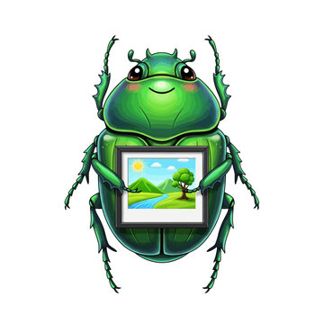 Joyful Green Beetle Holding a Painting of a Nature Landscape with River and Tree