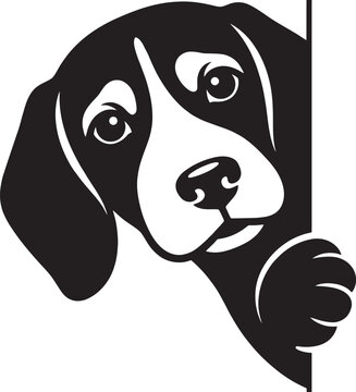 Stylized black and white illustration of a curious beagle dog peeking around a corner