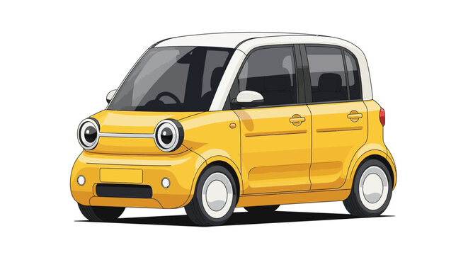 Cute yellow mini car with big round headlights, white roof, cartoon style