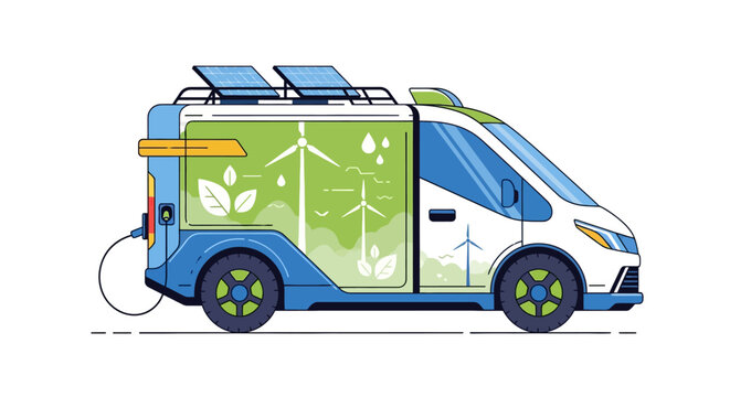 Eco-friendly electric van with solar panels and green energy graphics