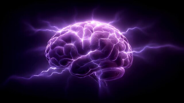 Artificial intelligence. Neuron network. A vivid digital artwork depicts a human brain rendered in a striking purple hue. The brain is intricately detailed.