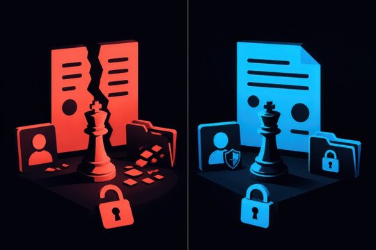Cyber security strategy concept with protected documents chess piece and lock symbols in red and blue split lighting