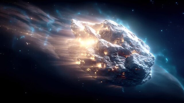 Space universe exploration, fantasy, mysterious. A vivid, highresolution digital artwork depicts a celestial scene. A large, rocky object, likely a meteor or comet, is the main subject.