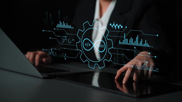 Futuristic Interface Display with Data and Code on a Laptop Showing Technology Innovation and Digital Transformation in Business Environment. Entropy.