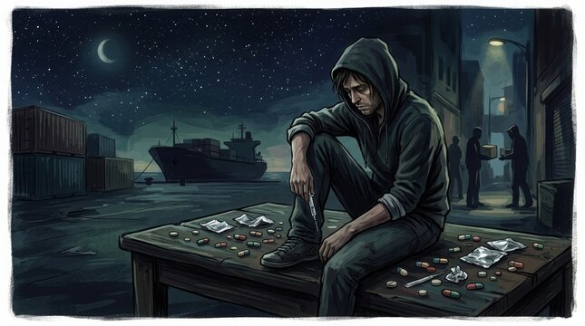 Gritty Harbor Drug Abuse and Illicit Trafficking Illustration