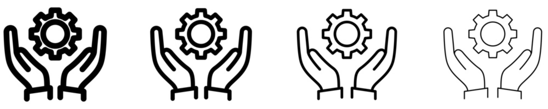 Set of gear in human hands icons. Line art concept of tech support, process management, business protection, or engineering. Vector illustration