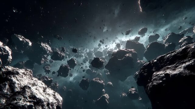 Space universe exploration, fantasy, mysterious. A detailed, highresolution digital artwork depicts a vast space scene. The main subject is a cluster of asteroids.
