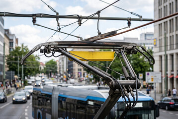 Fototapeta premium Overhead Catenary Line on Urban Tram Street