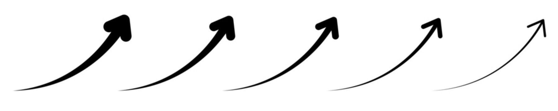 Set of curved upward growth arrow icons with different line weights. Vector.