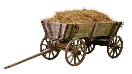Rustic wooden hay cart with weathered planks and metal accents, isolated on transparent background © Corotaev