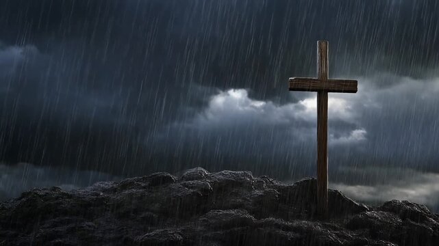 A slow-motion 4K footage of heavy rain falling on a rocky hill with a wooden cross, dark dramatic sky, emotional religious symbolism, cinematic lighting, no humans, ultra realistic rain and environmen