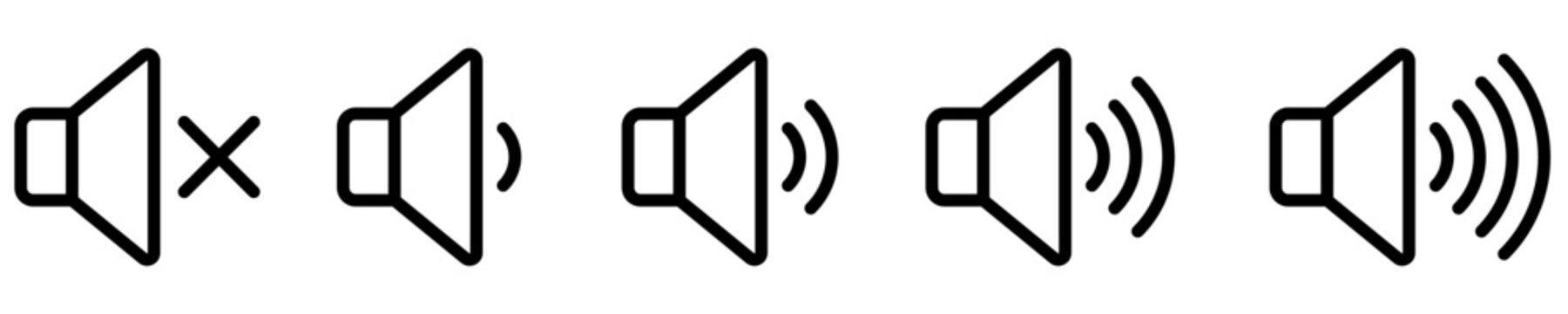 Set of volume level icons, sound indicators from mute to maximum. Vector illustration.