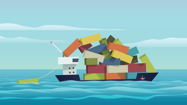 an overloaded cargo ship in calm sea