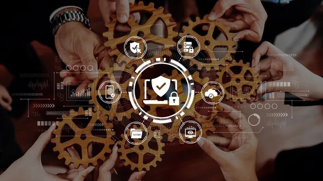 Collaborative Hands Holding Gears with Digital Icons Representing Technology, Security, and Innovation in Modern Business Settings. Entropy.