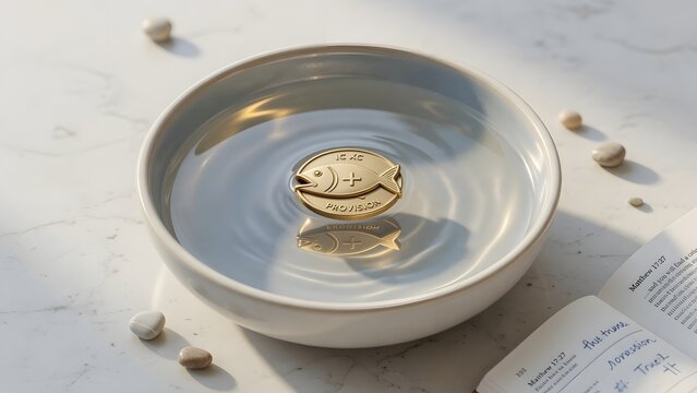 a contemporary Christian devotional scene featuring a fish-mouth coin symbol reflected inside a round water bowl as a metaphor for provision and trust