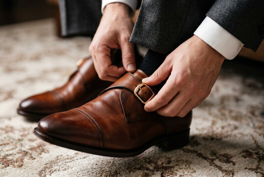 Businessman Adjusting Leather Dress Shoes Before Meeting