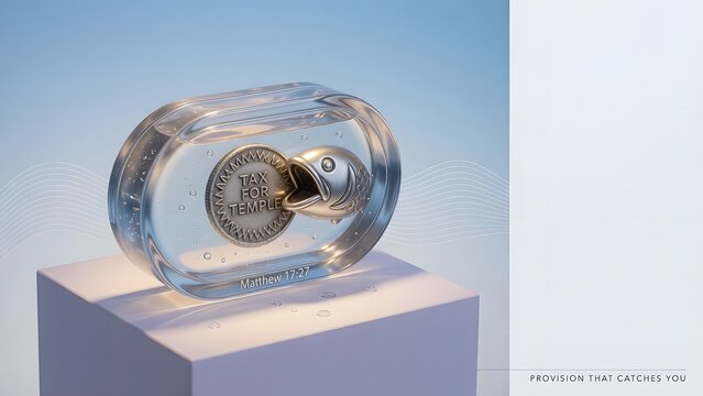 a contemporary Christian modern object study featuring a coin and fish-mouth motif preserved inside a sleek display capsule as a symbol of miraculous provision