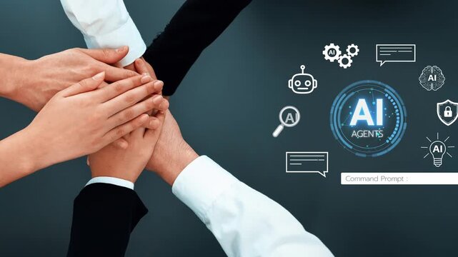 Diverse Hands Collaborate Around AI Technology with Symbols Representing Innovation, Communication, and Automation in a Modern Office Setting. Entropy.
