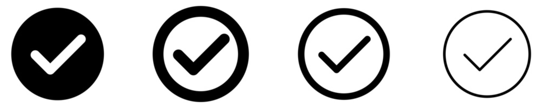 Set of circular checkmark icons, symbols for confirmation, correct choice, execution, and task completion. Vector illustration.