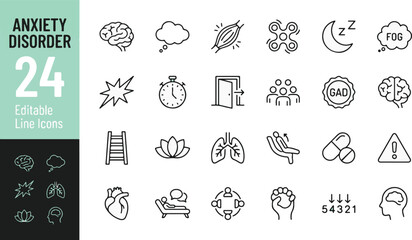 Generalized Anxiety Disorder Line Editable Icons set. Vector illustration in modern thin line style of mental health icons: panic, therapy, stress, symptoms, treatment, brain, lungs, and coping. © Jason