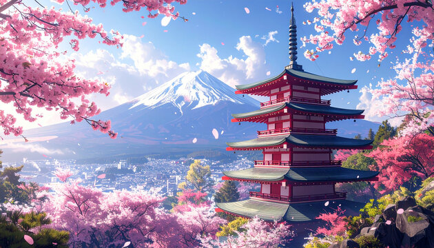 Cherry Blossom Pagoda View