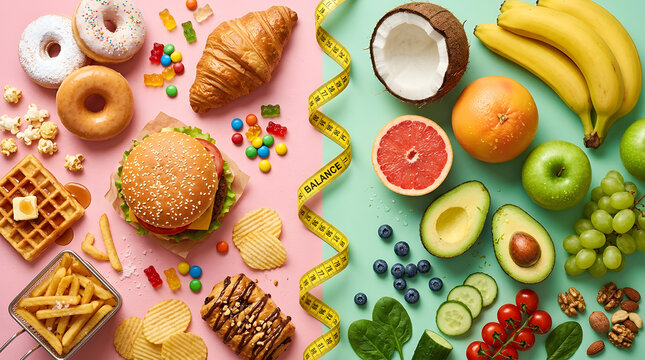 Healthy vs Unhealthy Food Contrast: A split-screen image showcasing a stark contrast between unhealthy junk food items like donuts, burgers, and fries on one side and healthy options such as fruits.