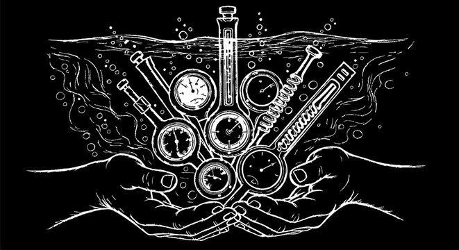 Detailed Monochrome Illustration of V8 Engine Components Inside Hands.