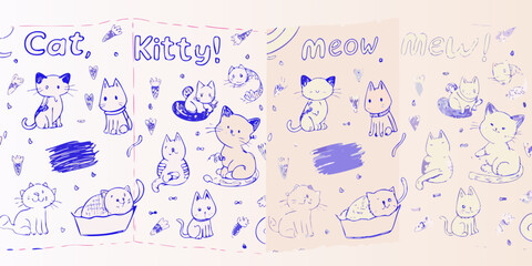 Obraz premium Blue hand drawn cat sketches and doodles on a light pink background