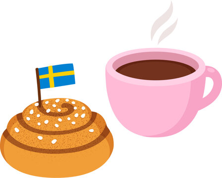Fika, Swedish tradition. Cup of coffee or tea and cinnamon roll bun with Swedish flag. Isolated vector illustration