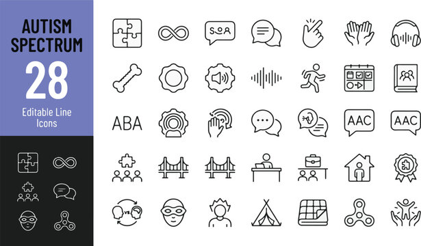 Autism Spectrum Awareness and Neurodiversity Line Editable Icons Set. Vector illustration in modern thin line style of pediatric support, sensory processing, therapy tools, ABA, AAC, and stimming.